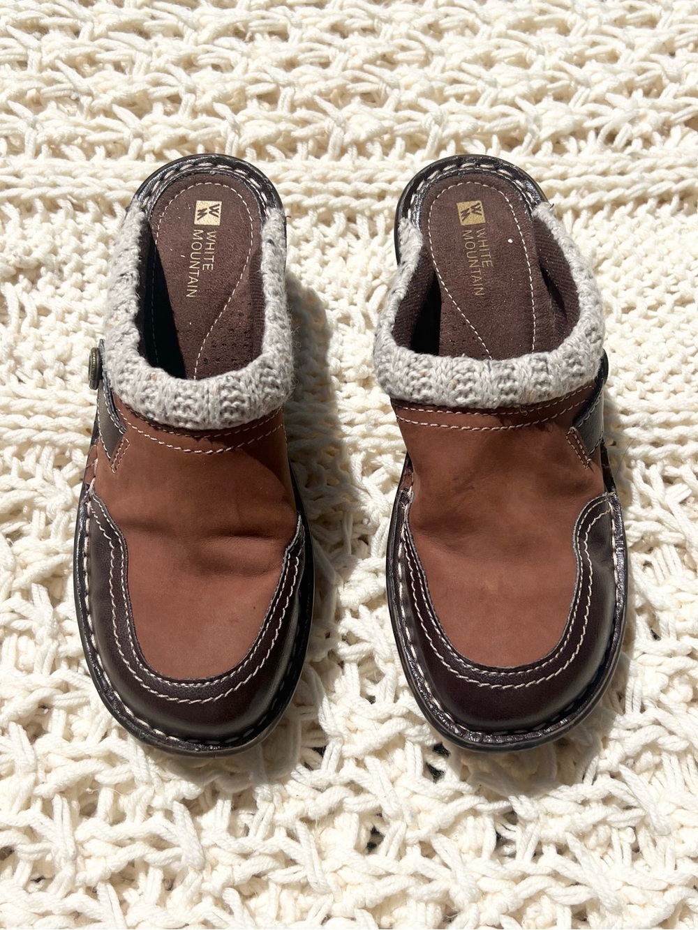 White Mountain Brown Leather Slip-On Clogs with Cream Knit Collar